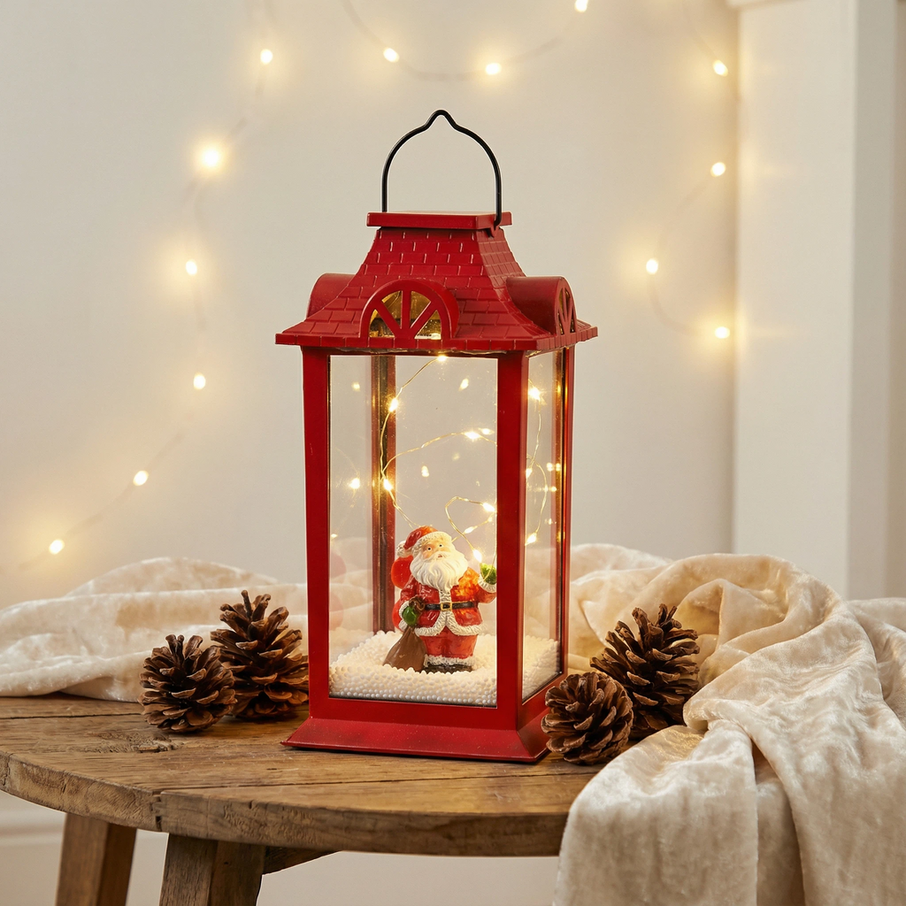 Christmas LED Lantern with Santa Figure – Red (6 LEDs, 15×15×28 cm, Battery Not Included)