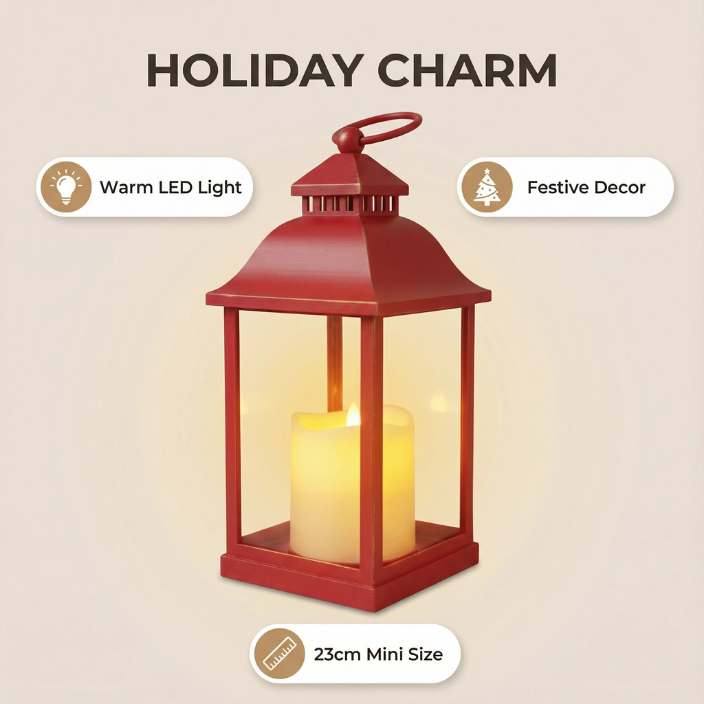 Christmas LED Lantern with Candle – Red Metal Frame (10.5×10.5×23 cm)