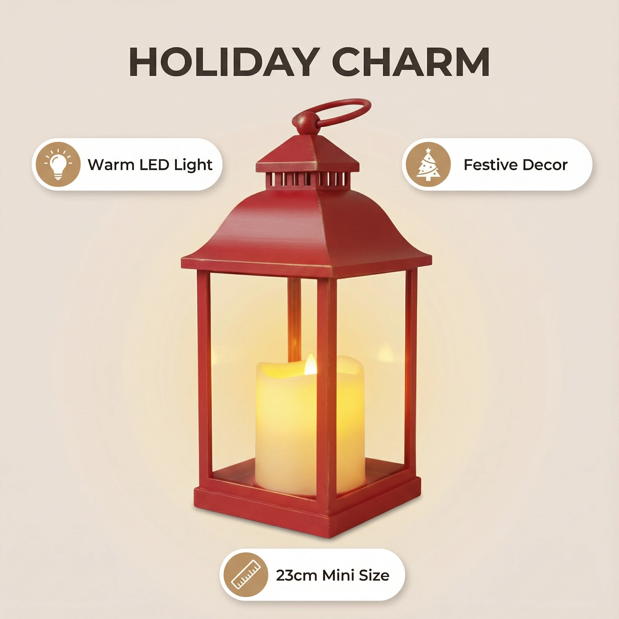 Christmas LED Lantern with Candle – Red Metal Frame (10.5×10.5×23 cm)