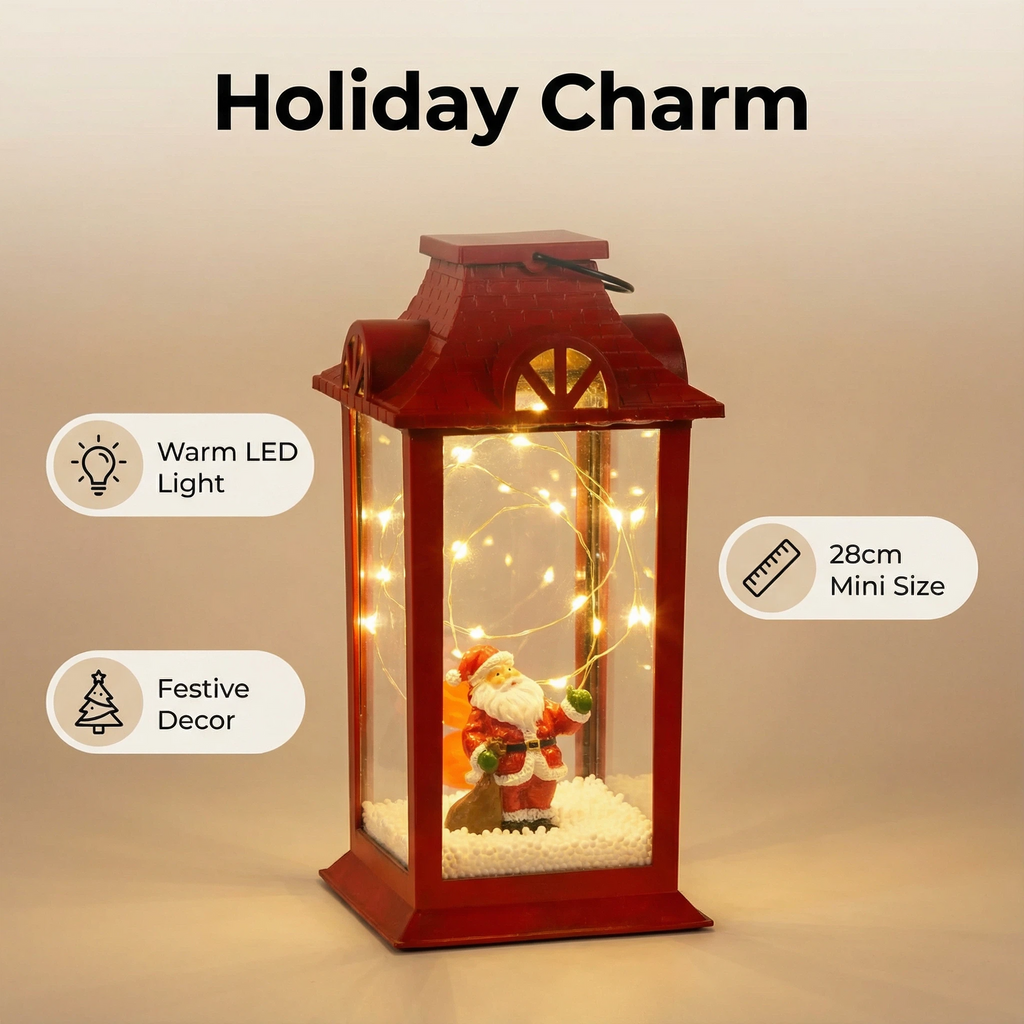 Christmas LED Lantern with Santa Figure – Red (6 LEDs, 15×15×28 cm, Battery Not Included)