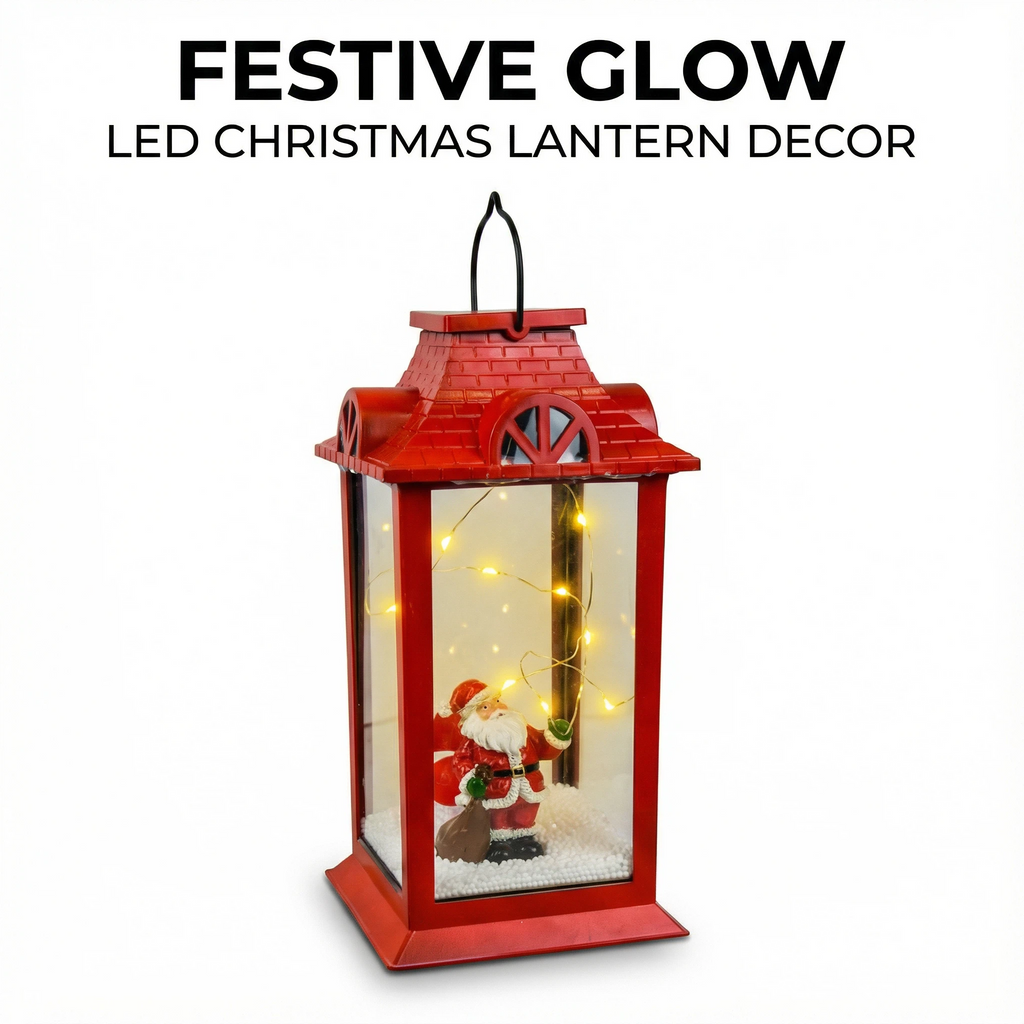 Christmas LED Lantern with Santa Figure – Red (6 LEDs, 15×15×28 cm, Battery Not Included)