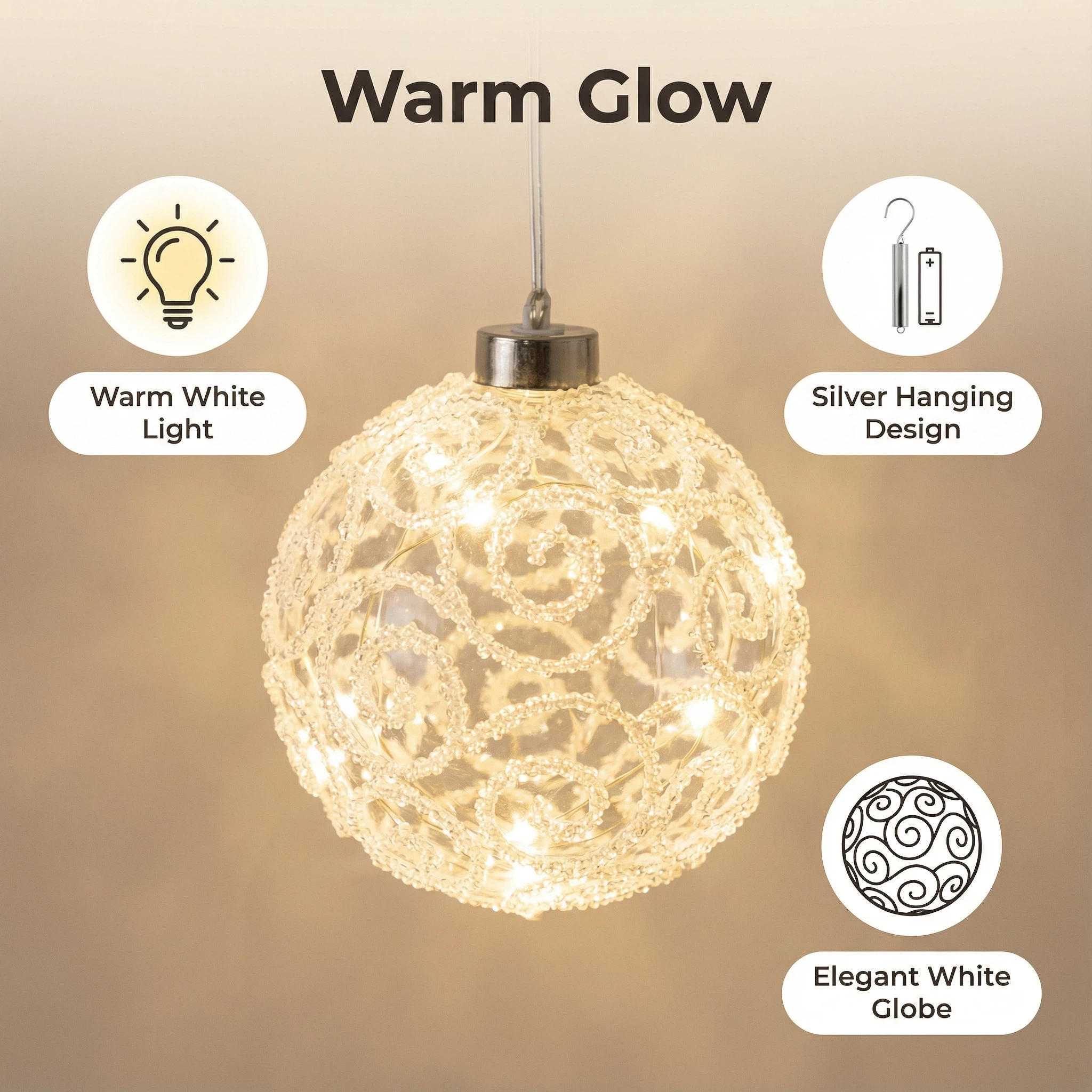 Christmas LED Glass Ball – Swirl Pattern (10 LEDs, 12 cm, Battery Not Included)