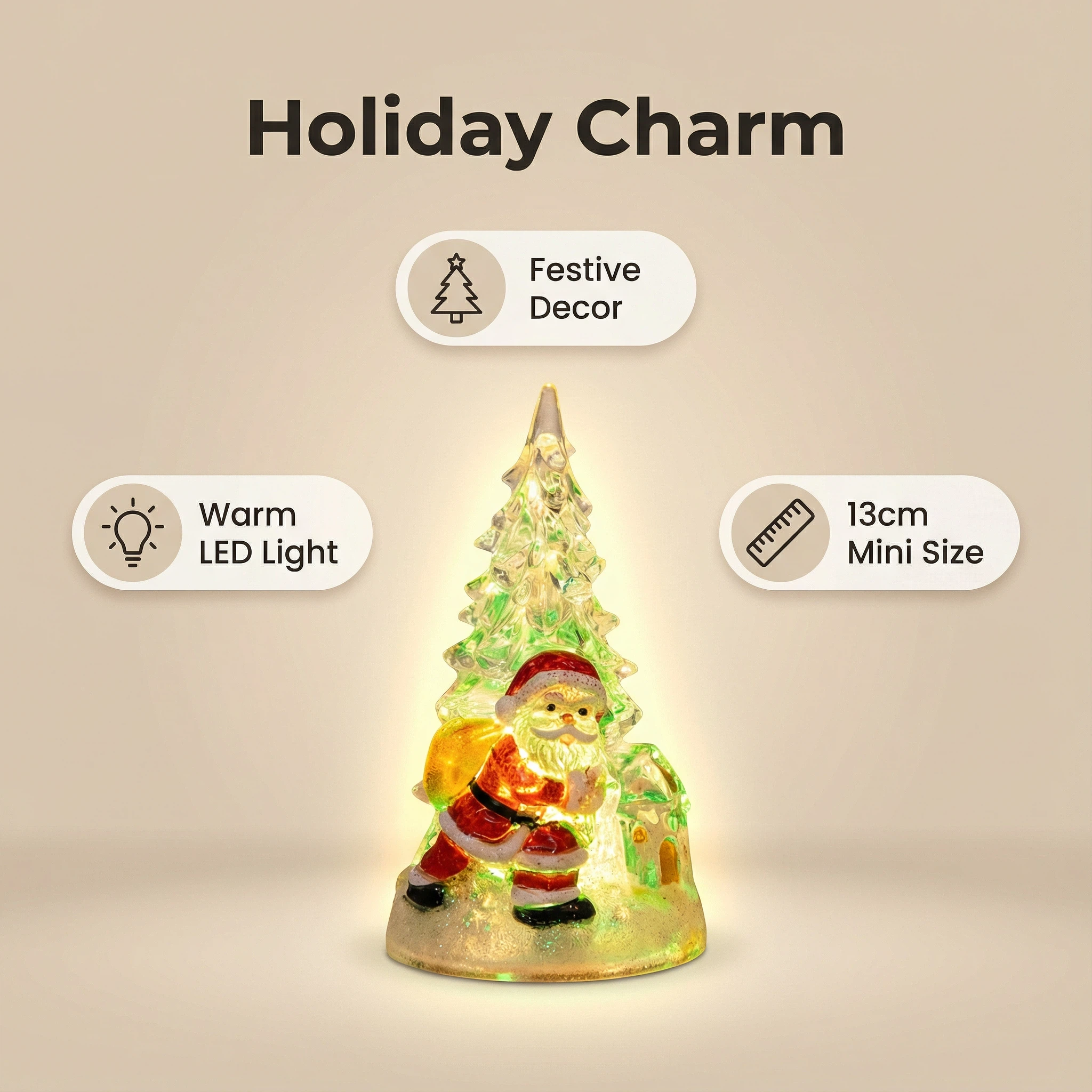 Christmas Mini LED Tree with Santa – Green Light (6.5×13 cm, Battery Included)