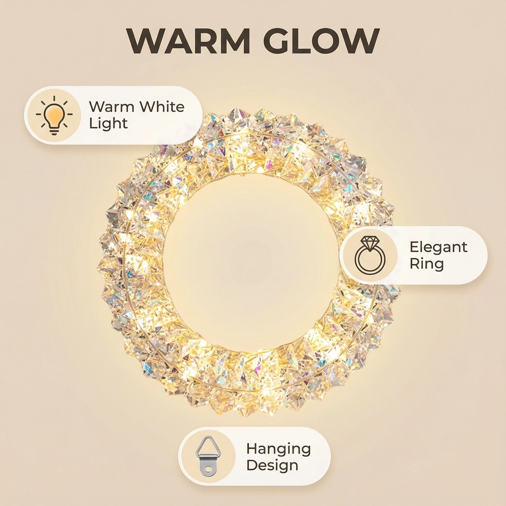 LED Crystal Christmas Wreath Decoration – 30cm, Warm White