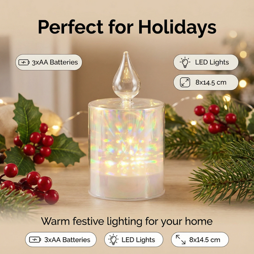Christmas LED Candle – White/Gold Prism Effect (8×14.5 cm, 5 LEDs)