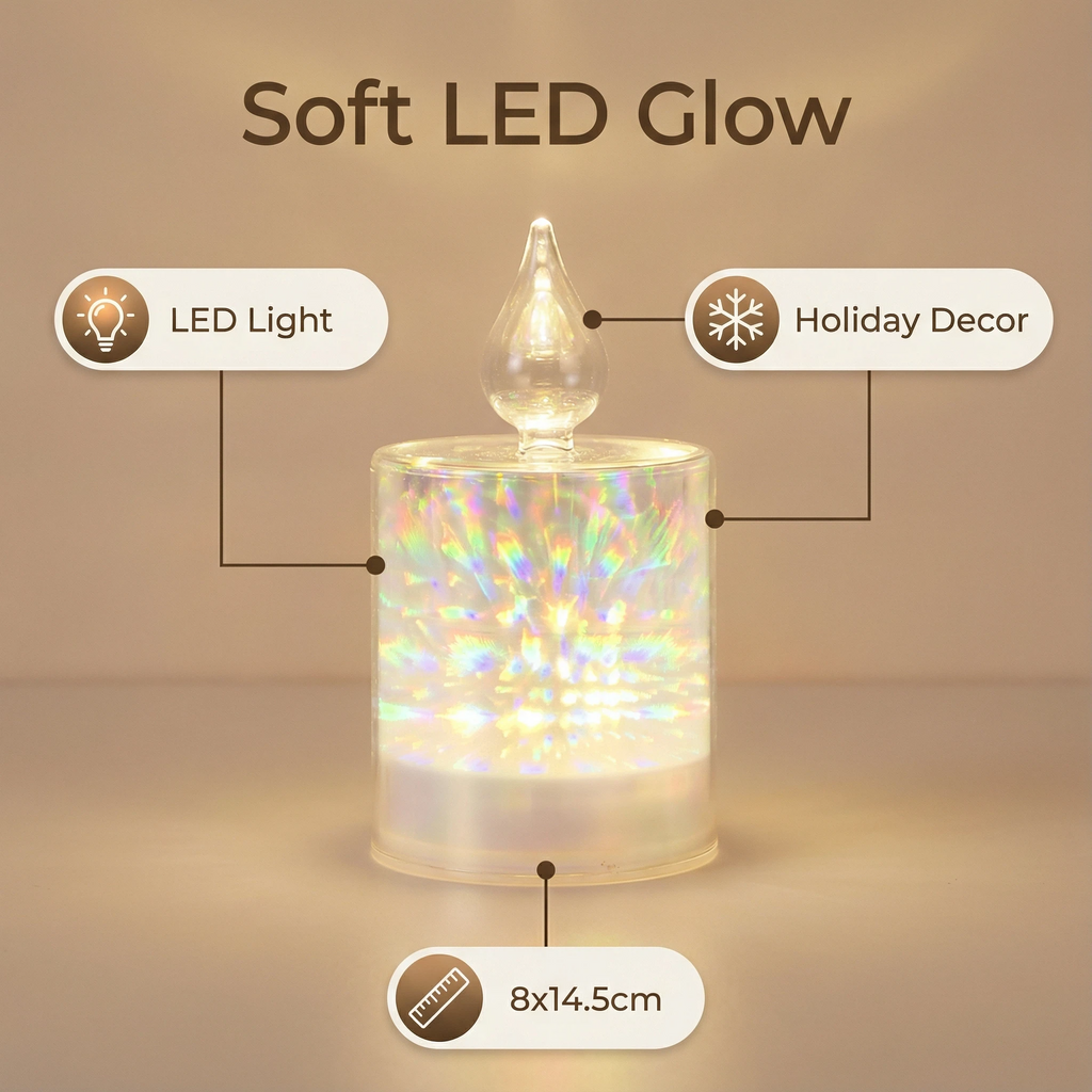 Christmas LED Candle – White/Gold Prism Effect (8×14.5 cm, 5 LEDs)