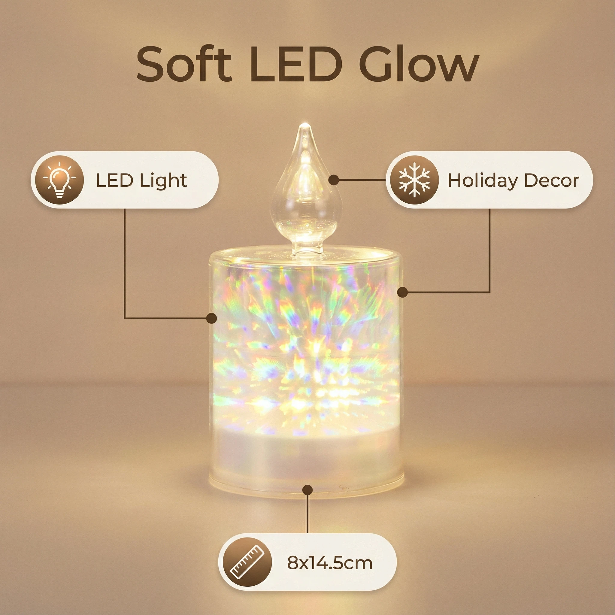 Christmas LED Candle – White/Gold Prism Effect (8×14.5 cm, 5 LEDs)