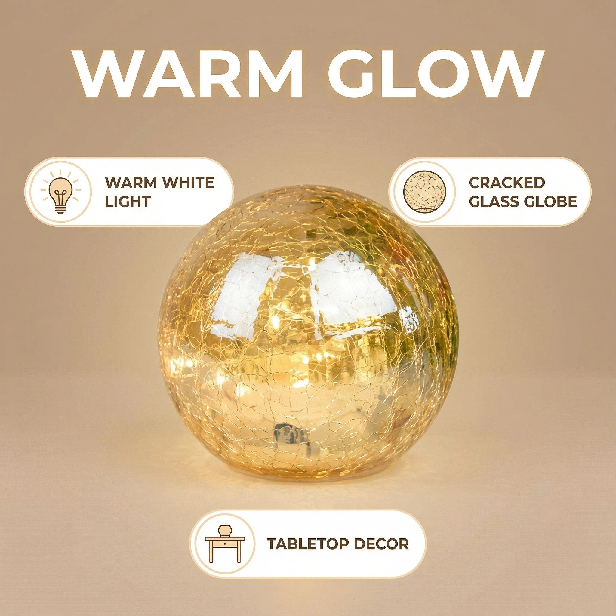 Christmas LED Crackle Glass Ball – Gold (15 LEDs, 12×10.5 cm, Battery Not Included)