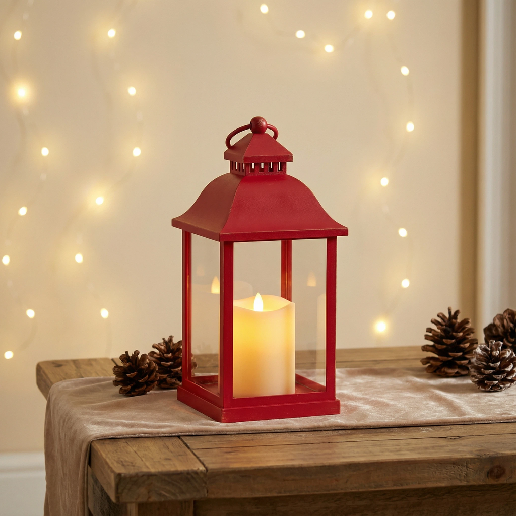 Christmas LED Lantern with Candle – Red Metal Frame (10.5×10.5×23 cm)