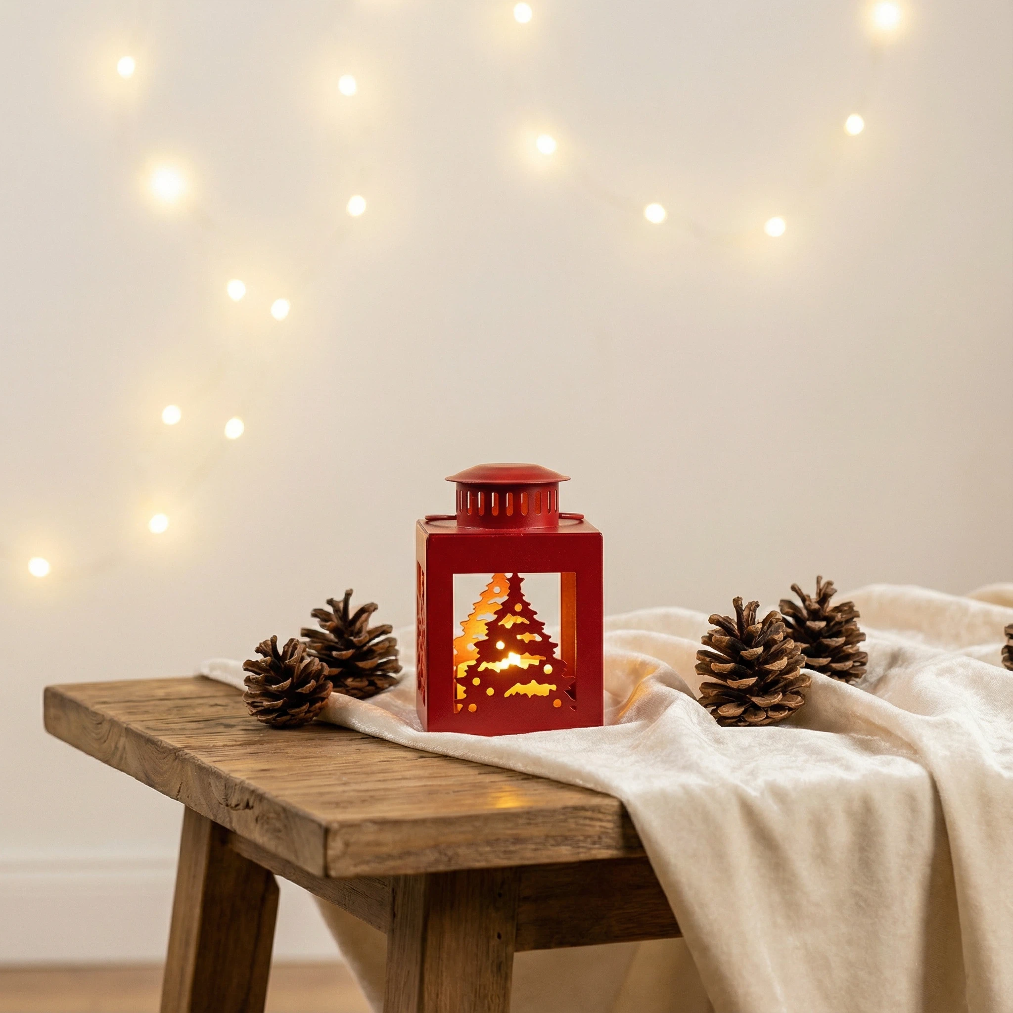 Christmas Mini LED Lantern – Red Metal (7×7×10 cm)