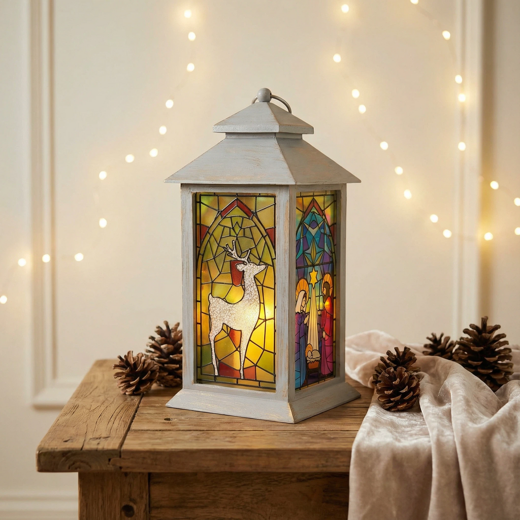 Christmas LED Lantern – Large Stained Glass Style (14×14×29.5 cm, Assorted Designs)