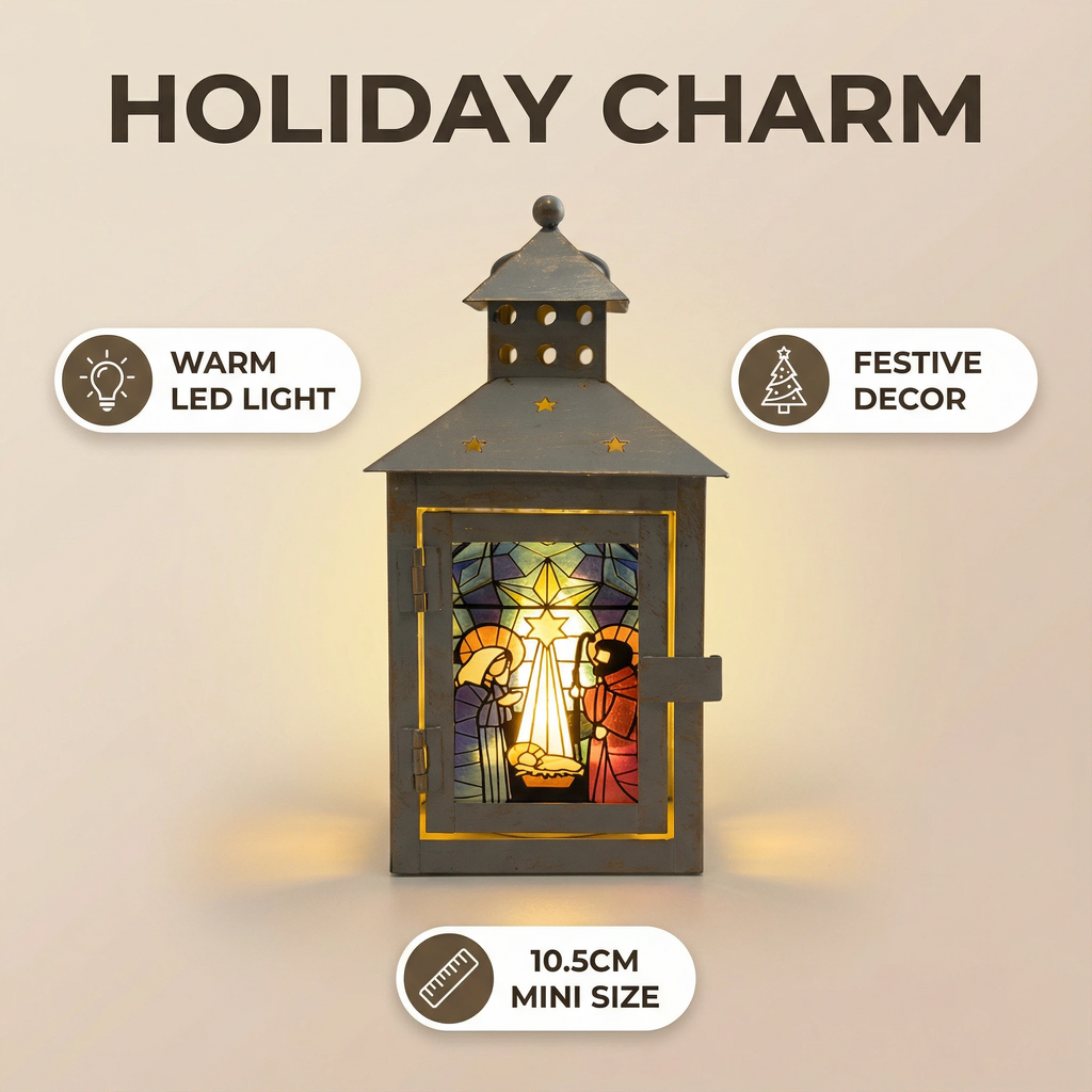 Christmas LED Lantern – Stained Glass Style (10.5×10.5×10.5 cm, Assorted Designs)