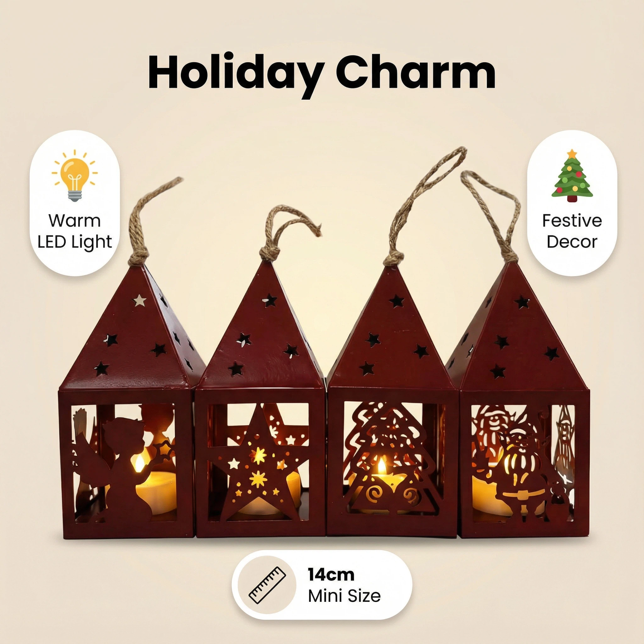 Christmas Mini LED Lantern – Red Metal (6×6×14 cm)