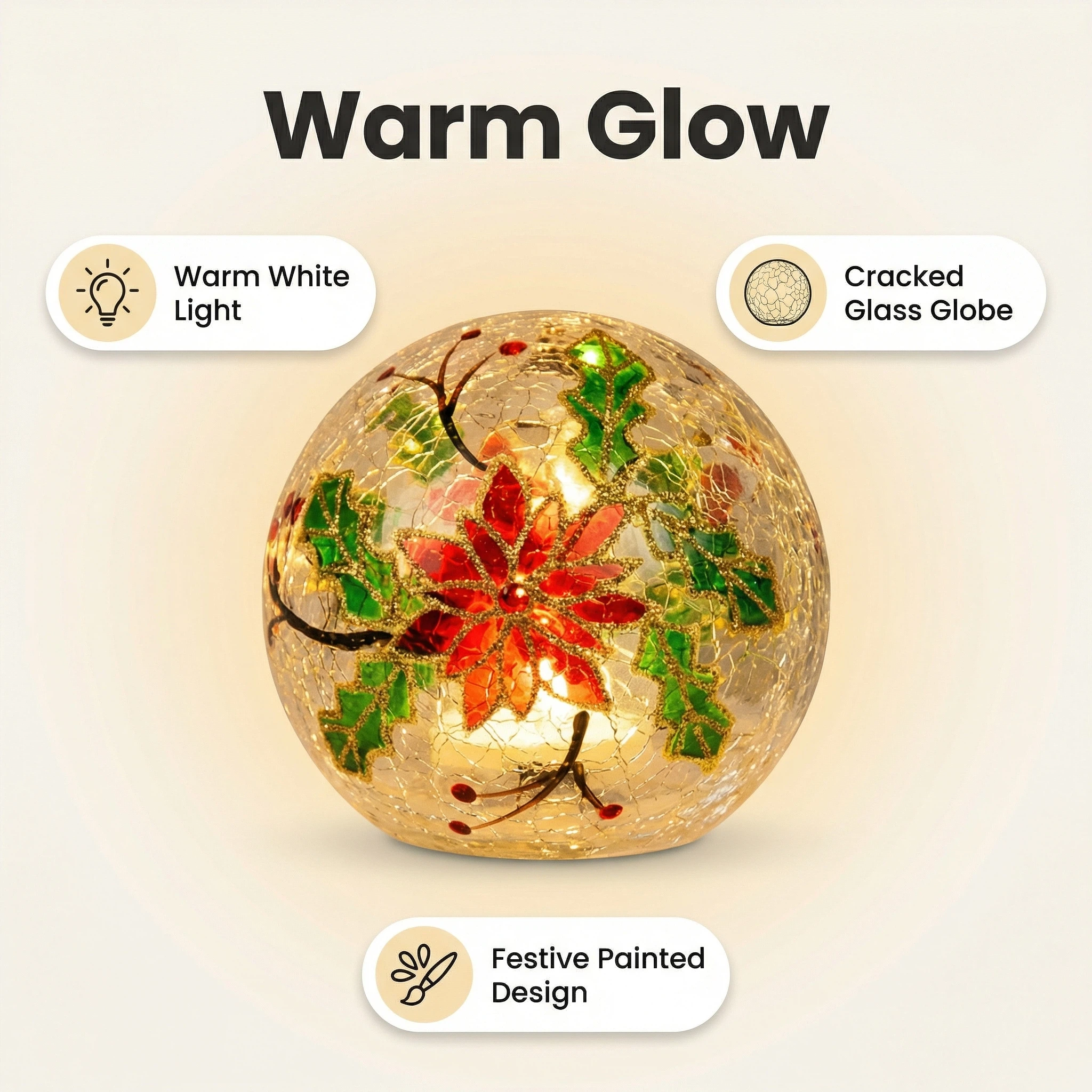 Christmas LED Crackle Glass Ball – Floral Design (15 LEDs, 12×11 cm, Battery Not Included)