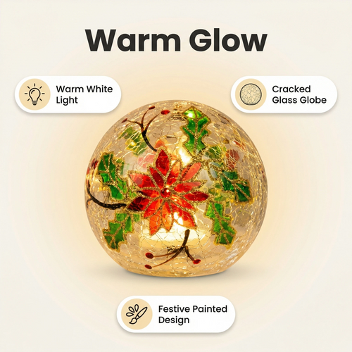 Christmas LED Crackle Glass Ball – Floral Design (15 LEDs, 12×11 cm, Battery Not Included)