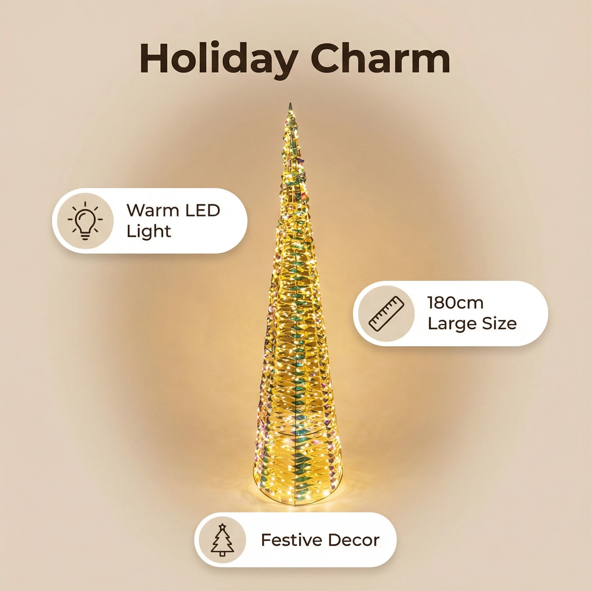 Glitter LED Cone Christmas Decoration Light, 100 cm/120 cm, Warm White, Timer