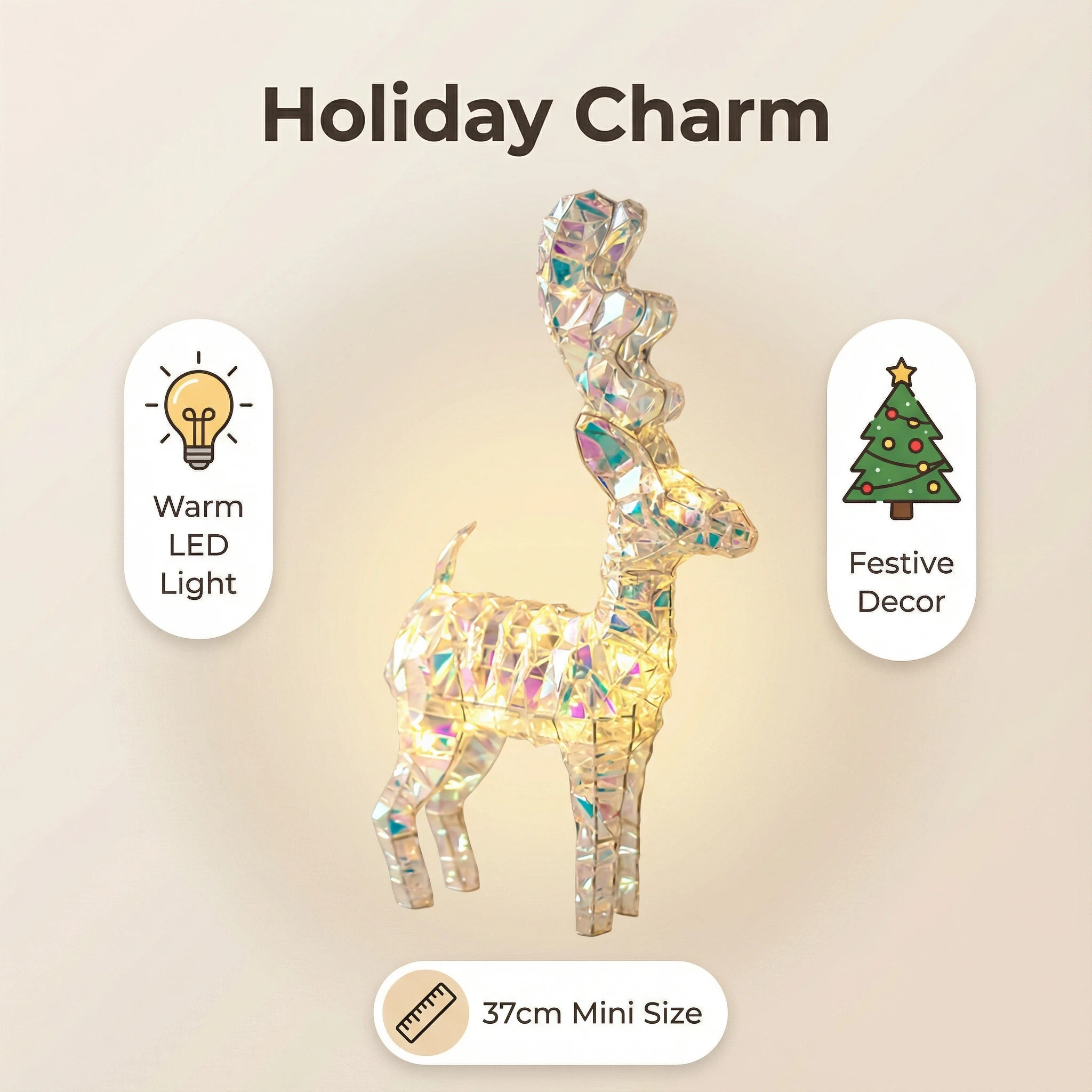 Glitter LED Reindeer Christmas Decoration, 40 LEDs, Warm White, Timer