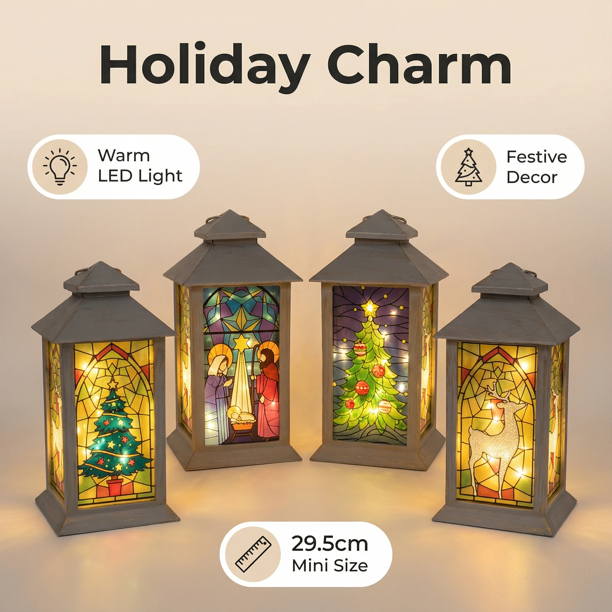 Christmas LED Lantern – Large Stained Glass Style (14×14×29.5 cm, Assorted Designs)