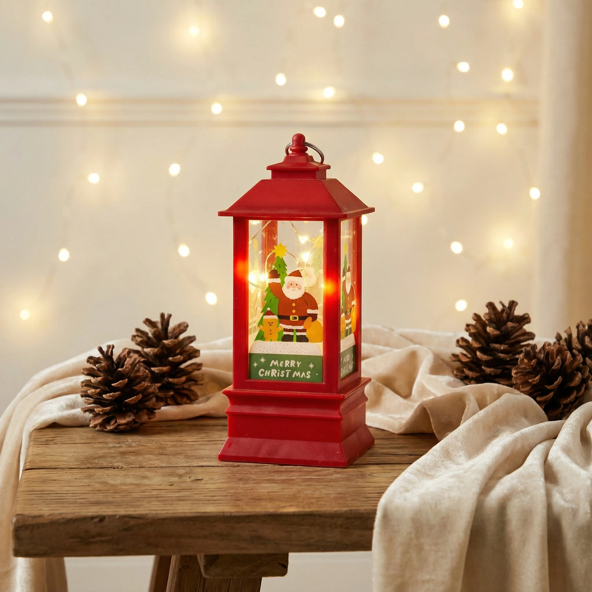 Christmas LED Lantern with Santa – Red (6 LEDs, 8×8×20 cm, Battery Not Included)