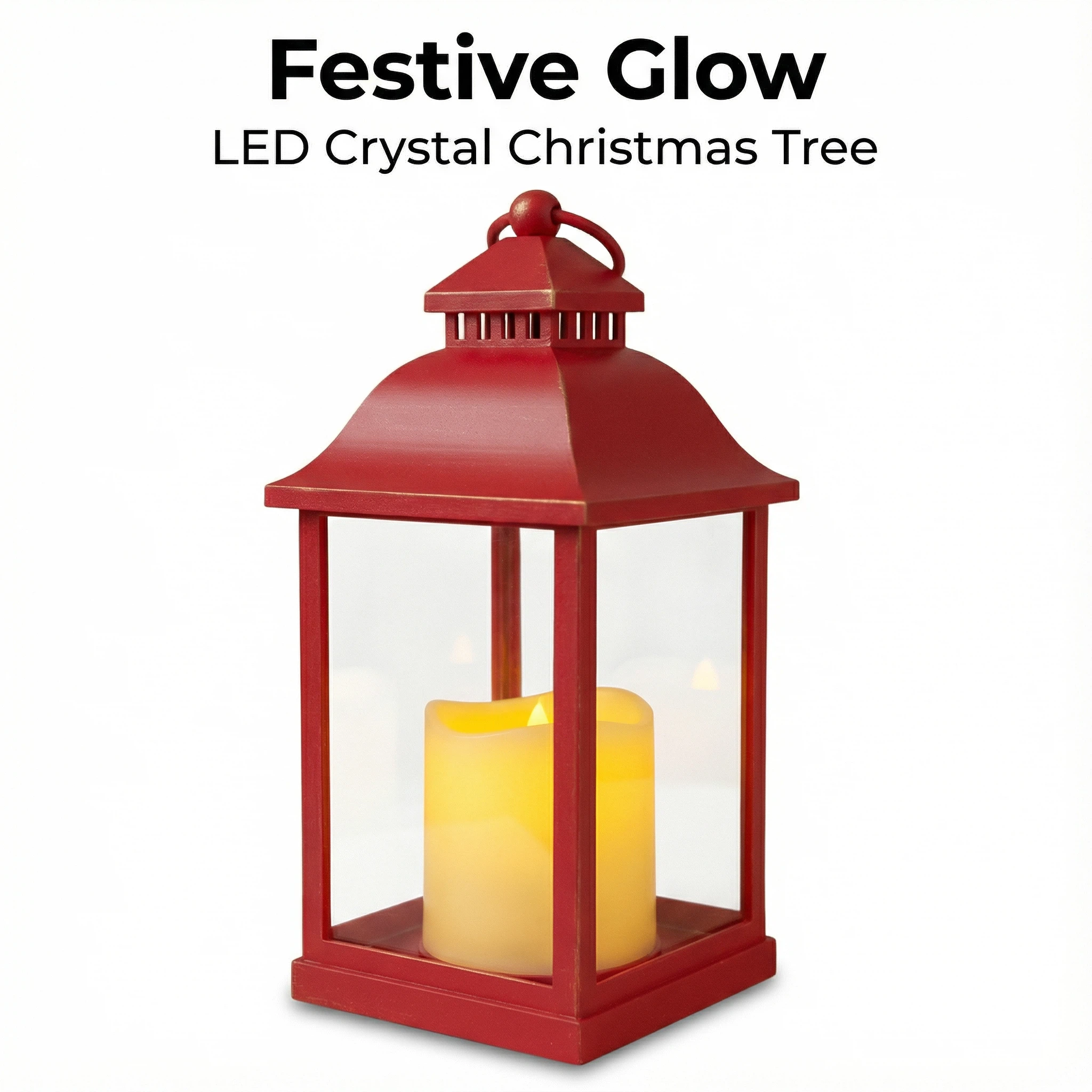 Christmas LED Lantern with Candle – Red Metal Frame (10.5×10.5×23 cm)
