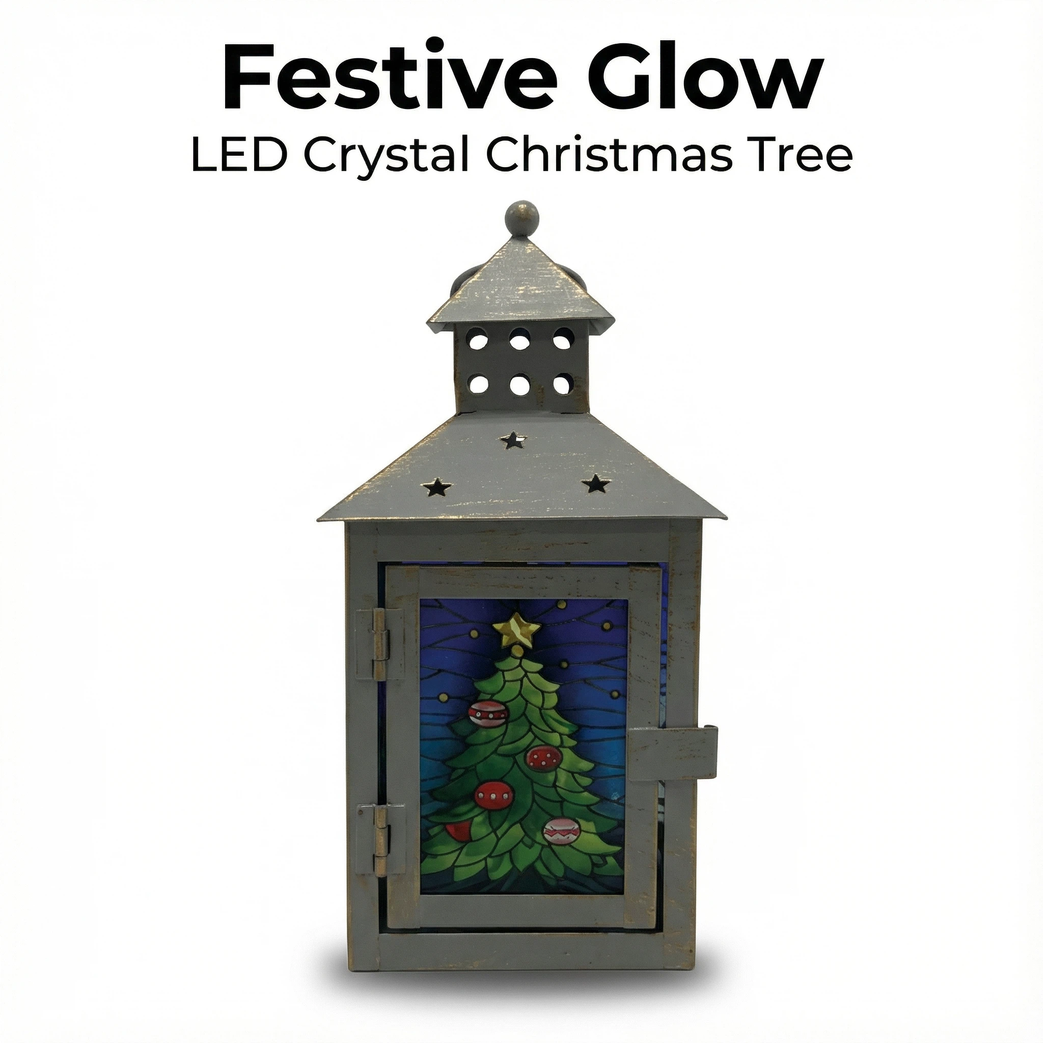 Christmas LED Lantern – Stained Glass Style (10.5×10.5×10.5 cm, Assorted Designs)