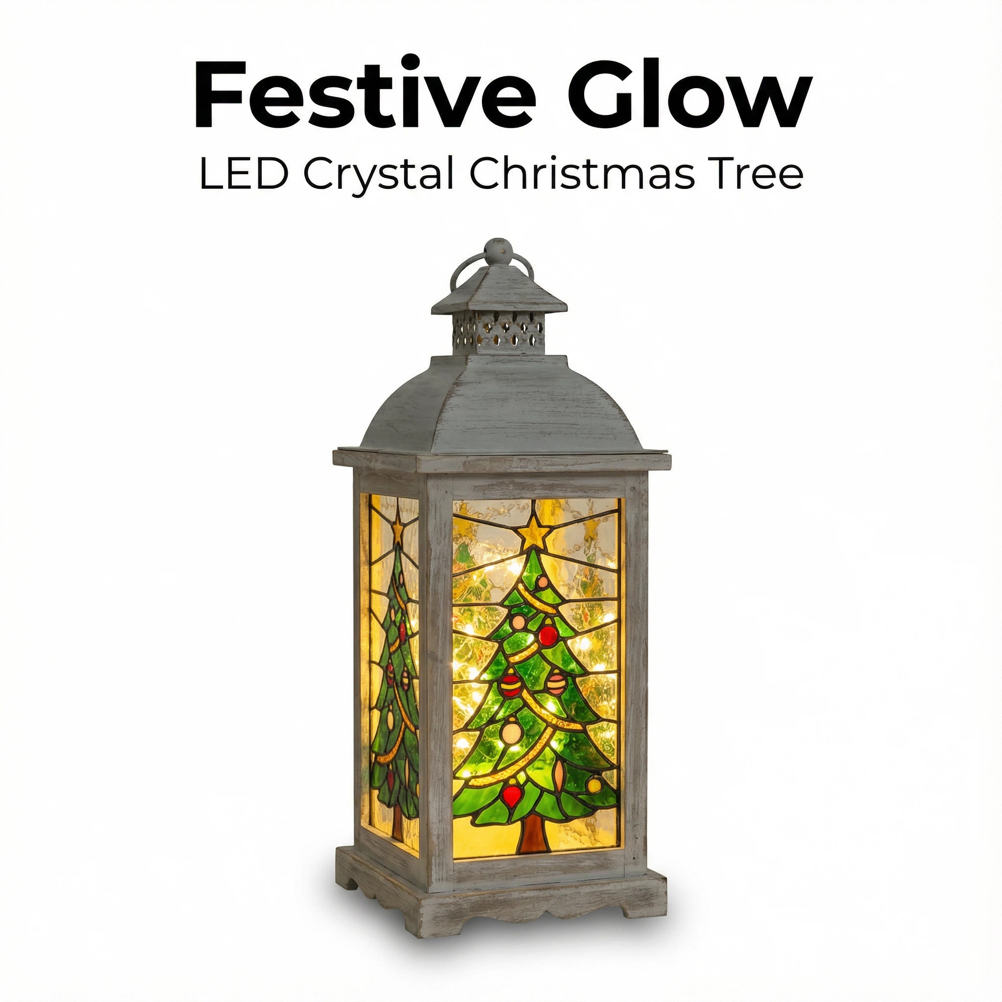 Christmas LED Lantern – Large Stained Glass Style (14×14×29.5 cm, Assorted Designs)