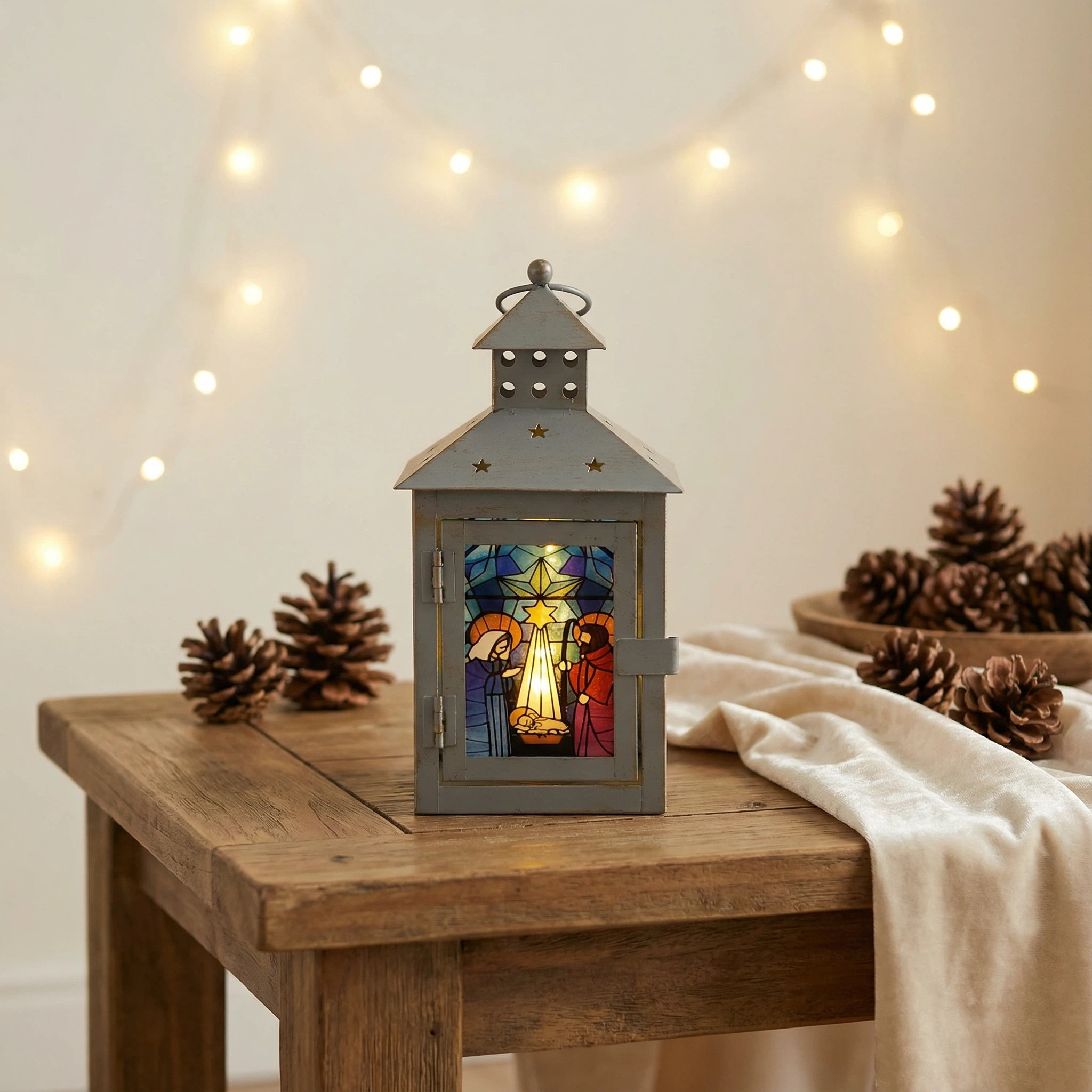 Christmas LED Lantern – Stained Glass Style (10.5×10.5×10.5 cm, Assorted Designs)