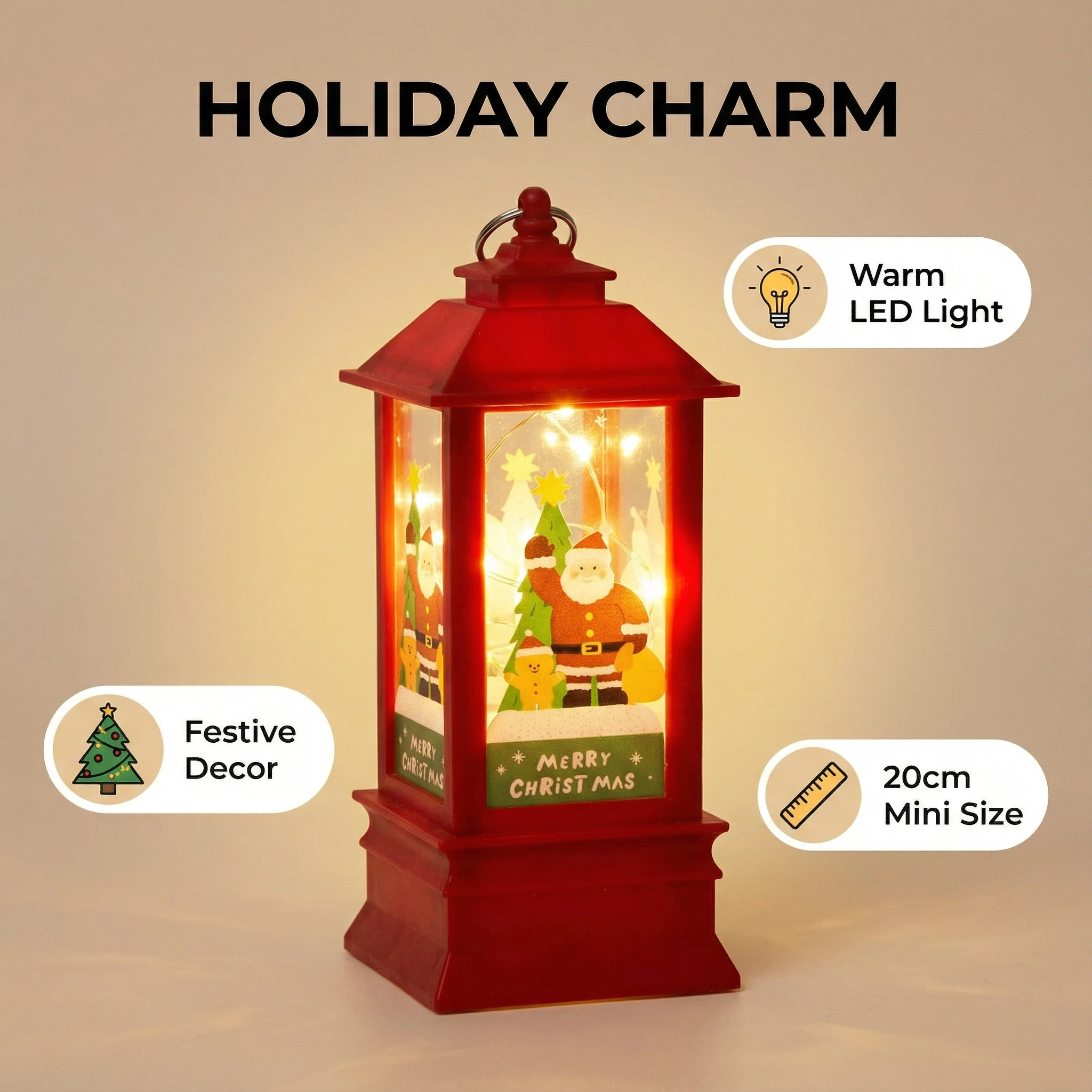 Christmas LED Lantern with Santa – Red (6 LEDs, 8×8×20 cm, Battery Not Included)